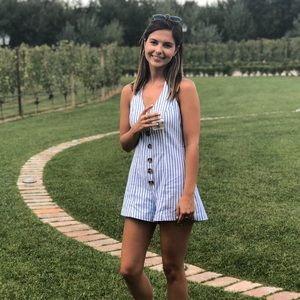 Blue & White Stripe Low Back Halter Romper - Urban Outfitters